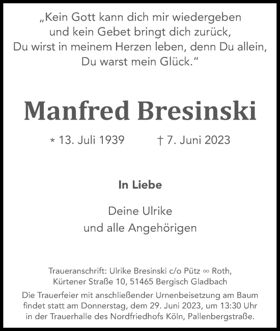 Anzeige von Manfred Bresinski von Kölner Stadt-Anzeiger / Kölnische Rundschau / Express