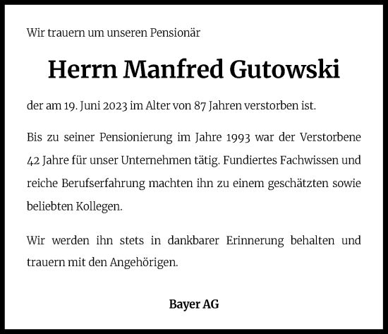 Anzeige von Manfred Gutowski von Kölner Stadt-Anzeiger / Kölnische Rundschau / Express