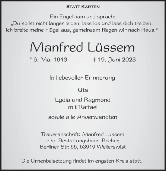 Anzeige von Manfred Lüssem von  Blickpunkt Euskirchen 