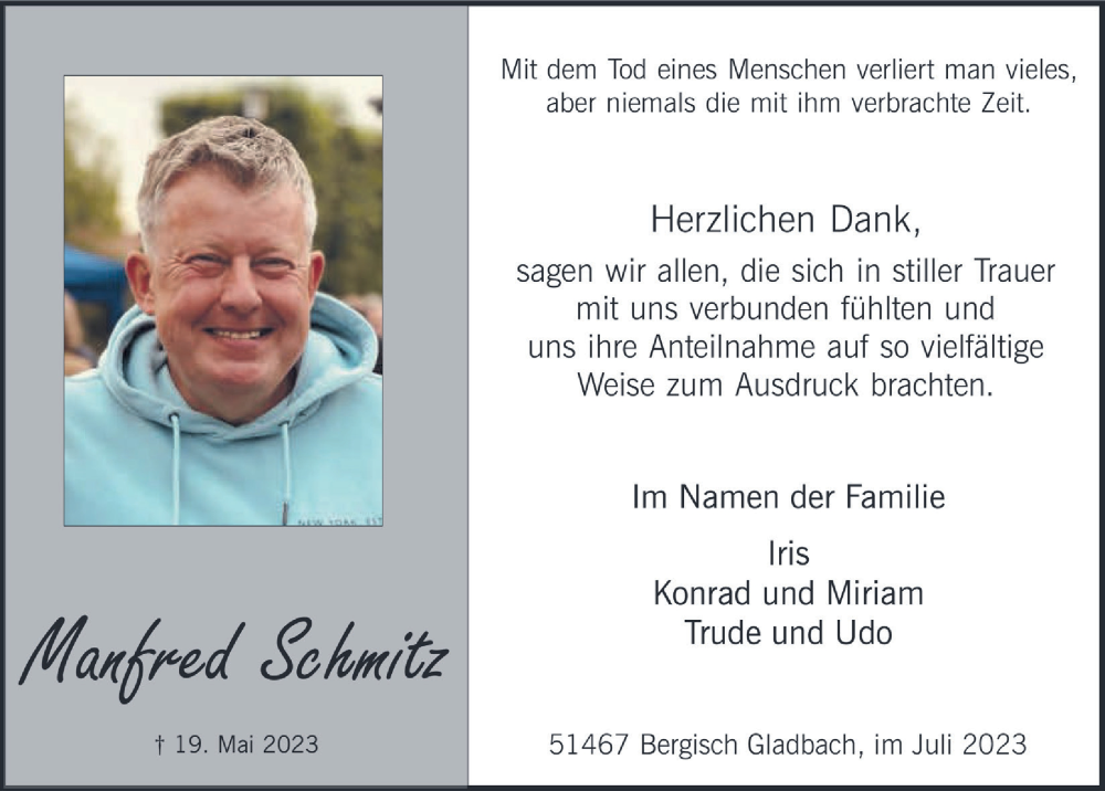  Traueranzeige für Manfred Schmitz vom 18.07.2023 aus  Bergisches Handelsblatt 