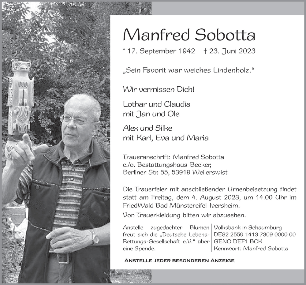  Traueranzeige für Manfred Sobotta vom 01.07.2023 aus  Blickpunkt Euskirchen 