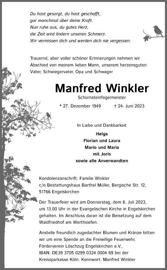 Anzeige von Manfred Winkler von Kölner Stadt-Anzeiger / Kölnische Rundschau / Express