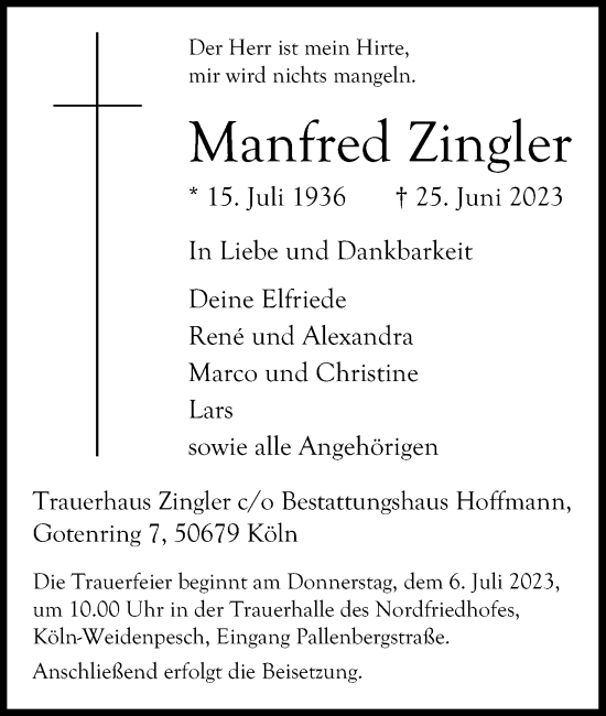 Anzeige von Manfred Zingler von Kölner Stadt-Anzeiger / Kölnische Rundschau / Express
