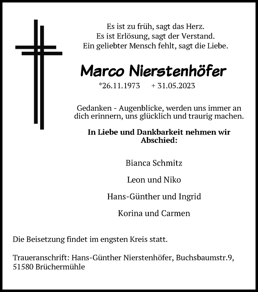  Traueranzeige für Marco Nierstenhöfer vom 07.06.2023 aus Kölner Stadt-Anzeiger / Kölnische Rundschau / Express