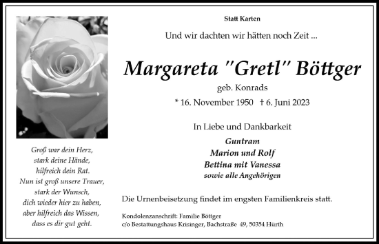 Anzeige von Margareta Böttger von  Wochenende 