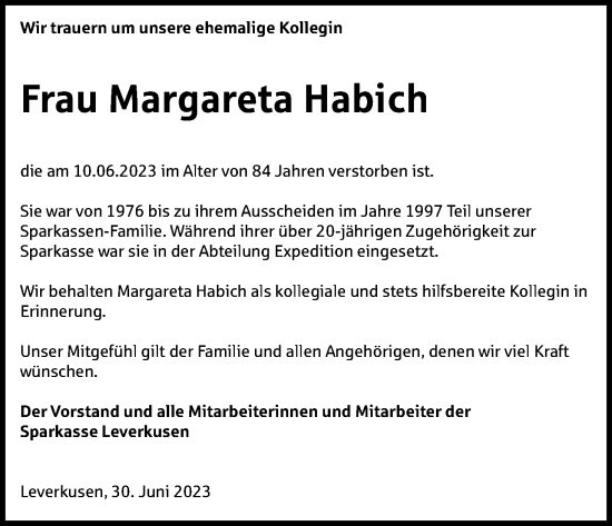 Anzeige von Margareta Habich von Kölner Stadt-Anzeiger / Kölnische Rundschau / Express