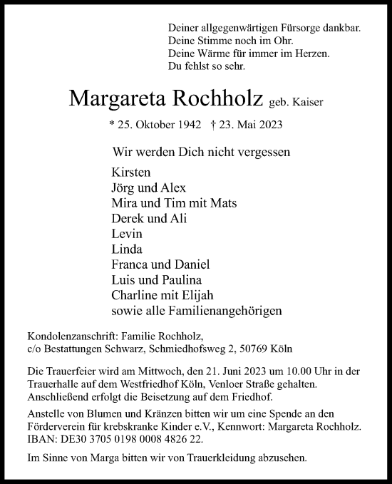 Anzeige von Margareta Rochholz von Kölner Stadt-Anzeiger / Kölnische Rundschau / Express