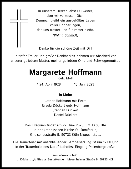 Anzeige von Margarete Hoffmann von Kölner Stadt-Anzeiger / Kölnische Rundschau / Express