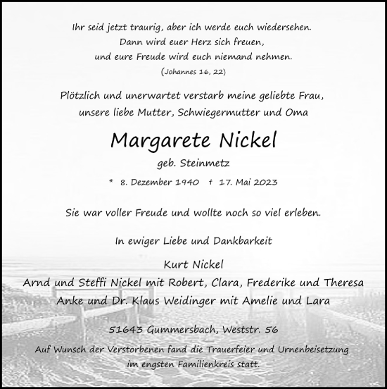 Anzeige von Margarete Nicke von  Anzeigen Echo 