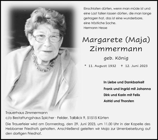 Anzeige von Margarete Zimmermann von Kölner Stadt-Anzeiger / Kölnische Rundschau / Express