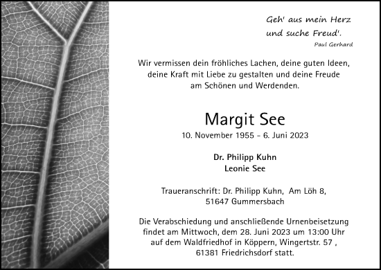 Anzeige von Margit See von Kölner Stadt-Anzeiger / Kölnische Rundschau / Express