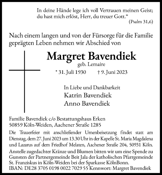 Anzeige von Margret Bavendiek von Kölner Stadt-Anzeiger / Kölnische Rundschau / Express