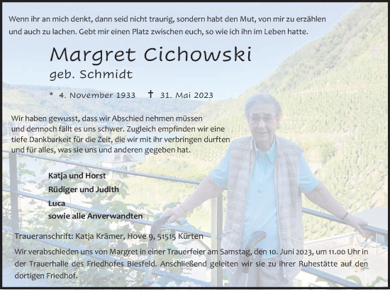 Anzeige von Margret Cichowski von Kölner Stadt-Anzeiger / Kölnische Rundschau / Express