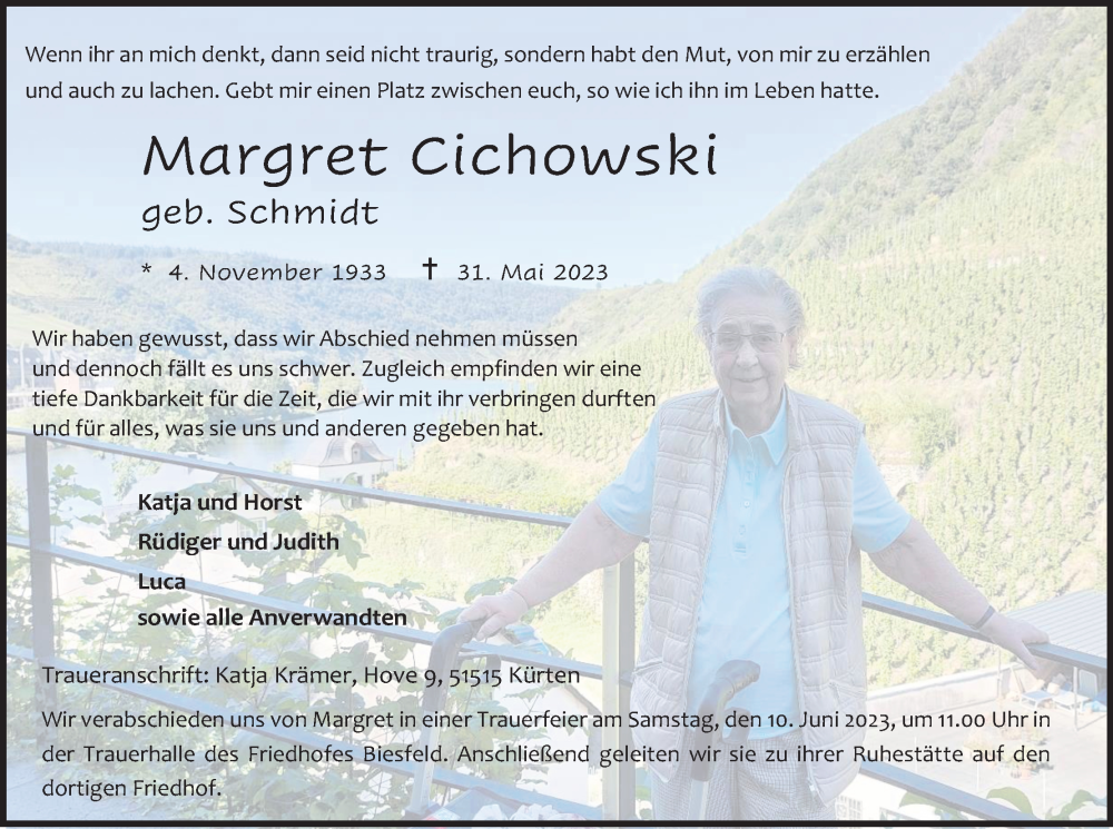  Traueranzeige für Margret Cichowski vom 03.06.2023 aus Kölner Stadt-Anzeiger / Kölnische Rundschau / Express