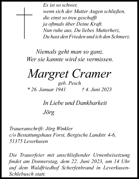 Anzeige von Margret Cramer von Kölner Stadt-Anzeiger / Kölnische Rundschau / Express