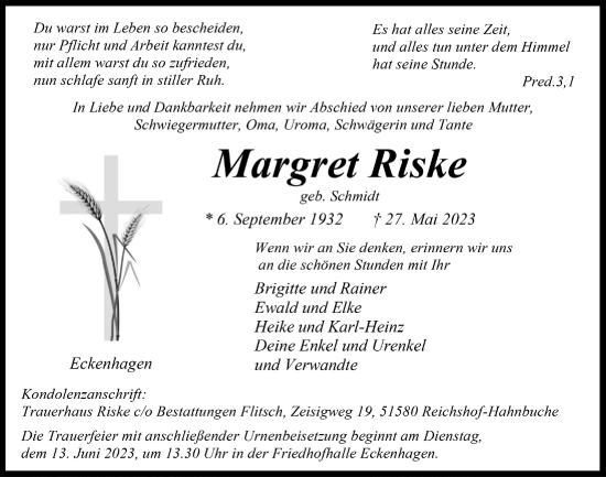 Anzeige von Margret Riske von  Anzeigen Echo 