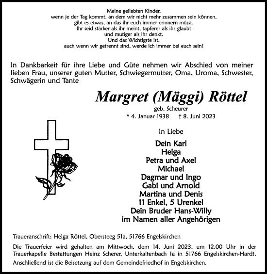 Anzeige von Margret Röttel von Kölner Stadt-Anzeiger / Kölnische Rundschau / Express