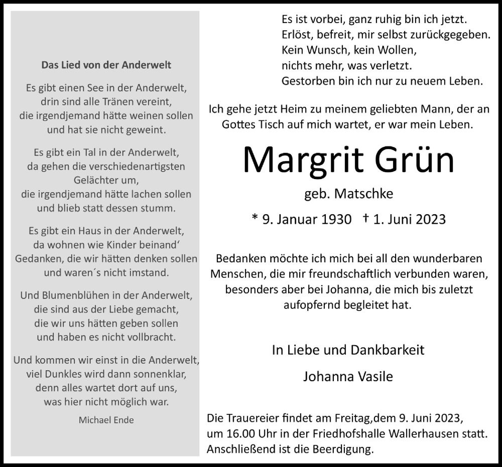 Traueranzeige für Margrit Grün vom 09.06.2023 aus  Lokalanzeiger 