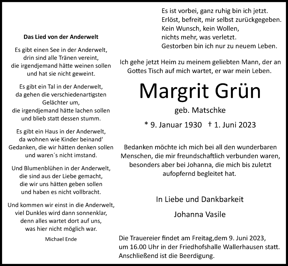  Traueranzeige für Margrit Grün vom 06.06.2023 aus Kölner Stadt-Anzeiger / Kölnische Rundschau / Express