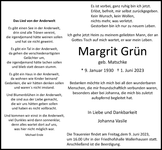 Anzeige von Margrit Grün von Kölner Stadt-Anzeiger / Kölnische Rundschau / Express