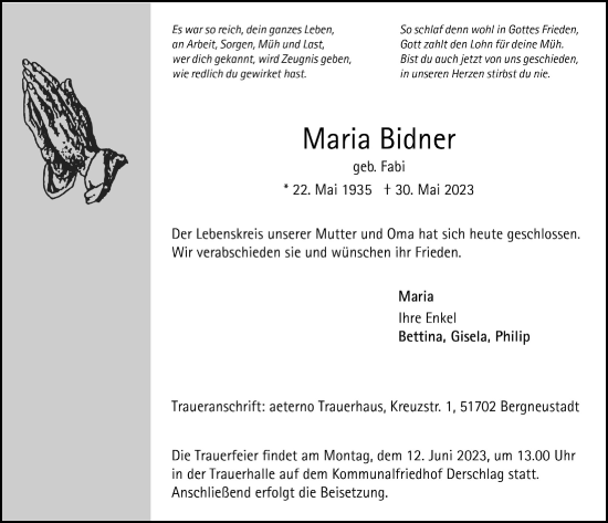 Anzeige von Maria Bidner von  Anzeigen Echo 