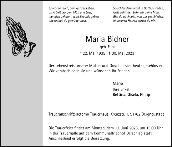 Anzeige von Maria Bidner von Kölner Stadt-Anzeiger / Kölnische Rundschau / Express