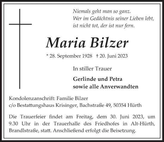 Anzeige von Maria Bilzer von  Wochenende 
