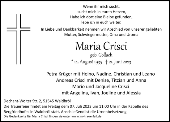 Anzeige von Maria Crisci von  Lokalanzeiger 