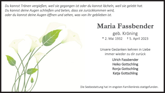 Anzeige von Maria Fassbender von Kölner Stadt-Anzeiger / Kölnische Rundschau / Express