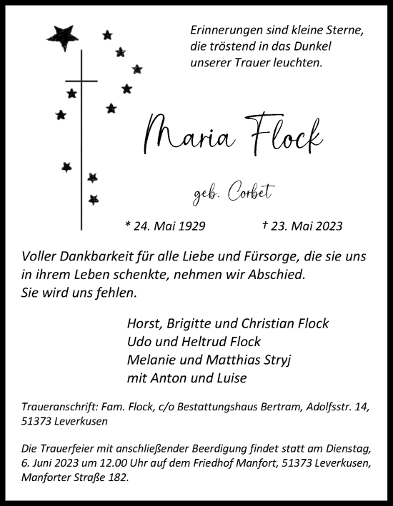 Anzeige von Maria Flock von Kölner Stadt-Anzeiger / Kölnische Rundschau / Express