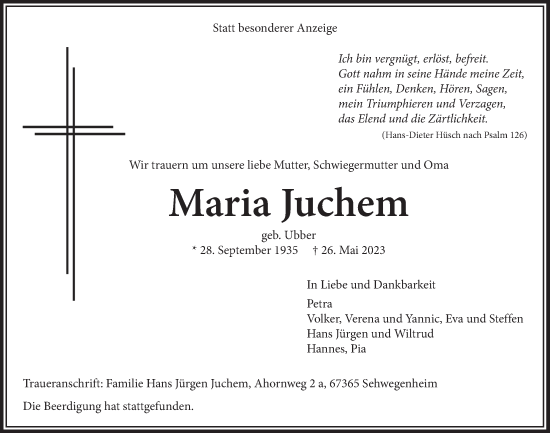 Anzeige von Maria Juchem von  Wochenende 