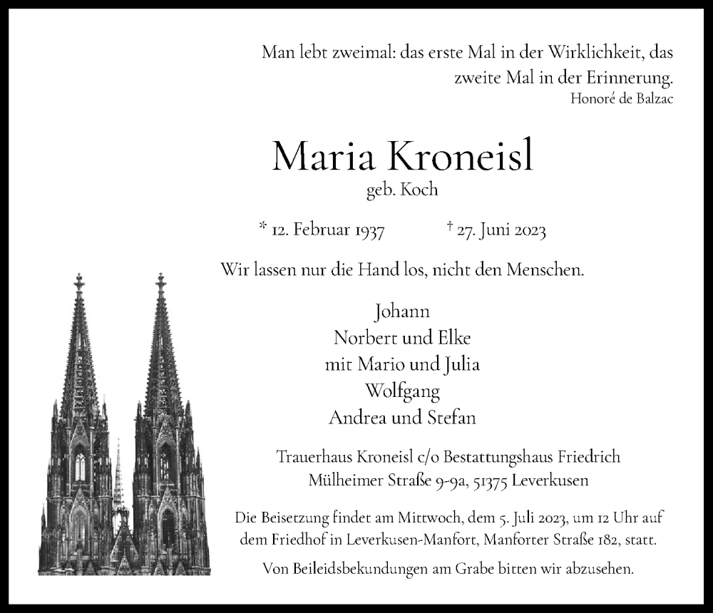  Traueranzeige für Maria Kroneisl vom 01.07.2023 aus Kölner Stadt-Anzeiger / Kölnische Rundschau / Express