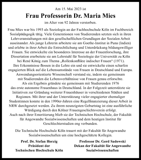 Anzeige von Maria Mies von Kölner Stadt-Anzeiger / Kölnische Rundschau / Express