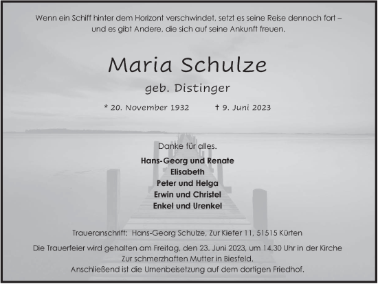 Anzeige von Maria Schulze von  Bergisches Handelsblatt 