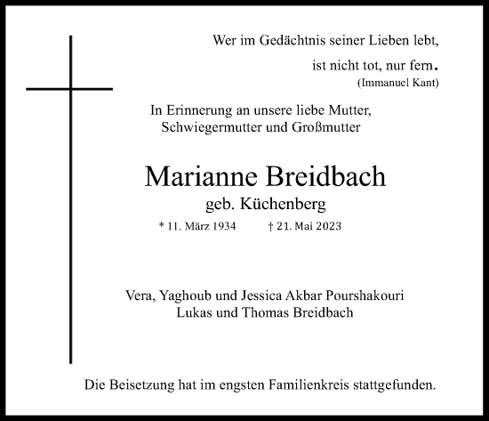 Anzeige von Marianne Breidbach von Kölner Stadt-Anzeiger / Kölnische Rundschau / Express