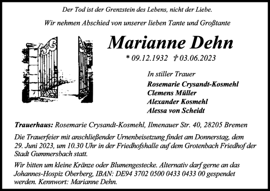 Anzeige von Marianne Dehn von Kölner Stadt-Anzeiger / Kölnische Rundschau / Express