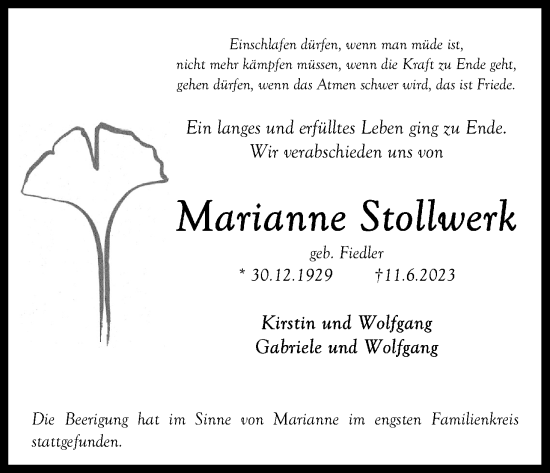 Anzeige von Marianne Stollwerk von Kölner Stadt-Anzeiger / Kölnische Rundschau / Express