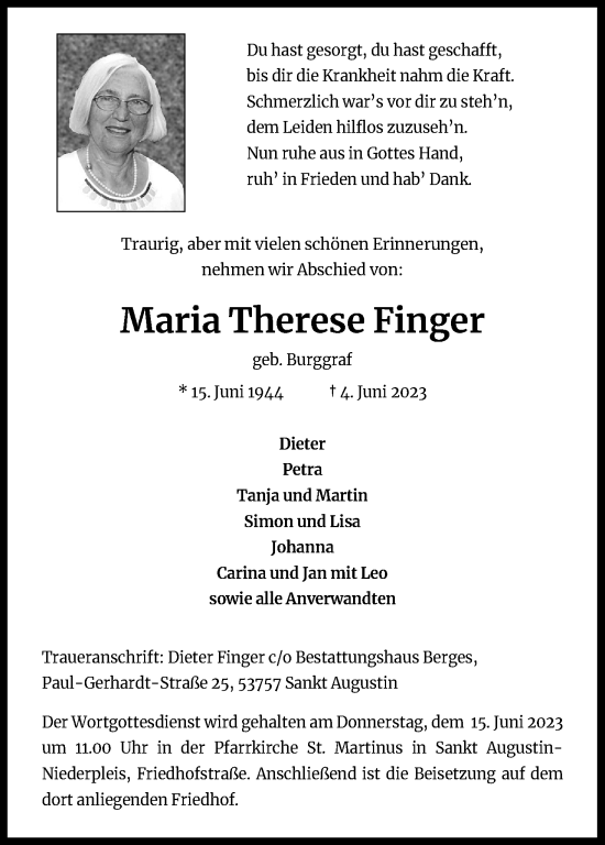 Anzeige von Maria Therese Finger von Kölner Stadt-Anzeiger / Kölnische Rundschau / Express