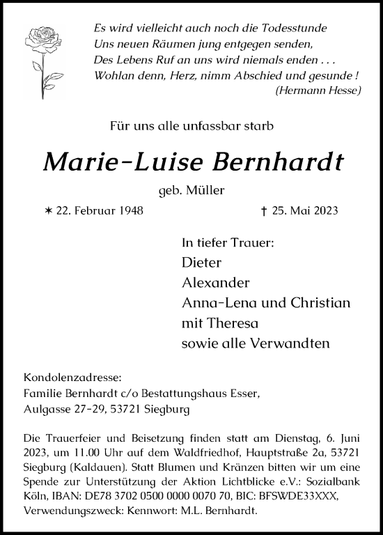 Anzeige von Marie-Luise Bernhardt von Kölner Stadt-Anzeiger / Kölnische Rundschau / Express