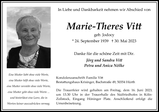 Anzeige von Marie-Theres Vitt von Kölner Stadt-Anzeiger / Kölnische Rundschau / Express