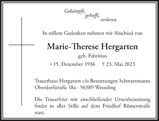 Anzeige von Marie-Therese Hergarten von  Schlossbote/Werbekurier 