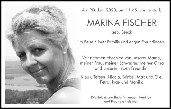 Anzeige von Marina Fischer von Kölner Stadt-Anzeiger / Kölnische Rundschau / Express