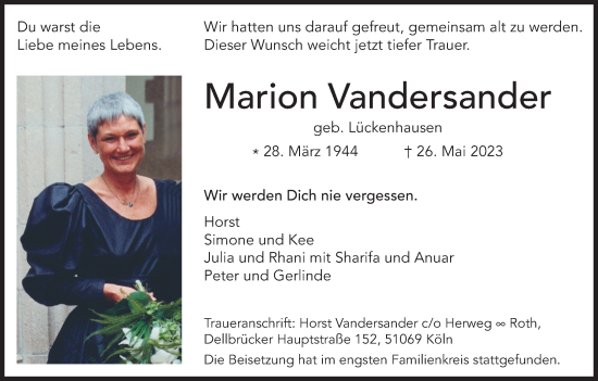 Anzeige von Marion Vandersander von Kölner Stadt-Anzeiger / Kölnische Rundschau / Express