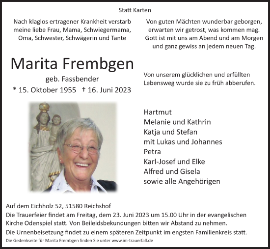 Anzeige von Marita Frembgen von Kölner Stadt-Anzeiger / Kölnische Rundschau / Express