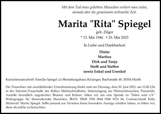 Anzeige von Marita Spiegel von Kölner Stadt-Anzeiger / Kölnische Rundschau / Express