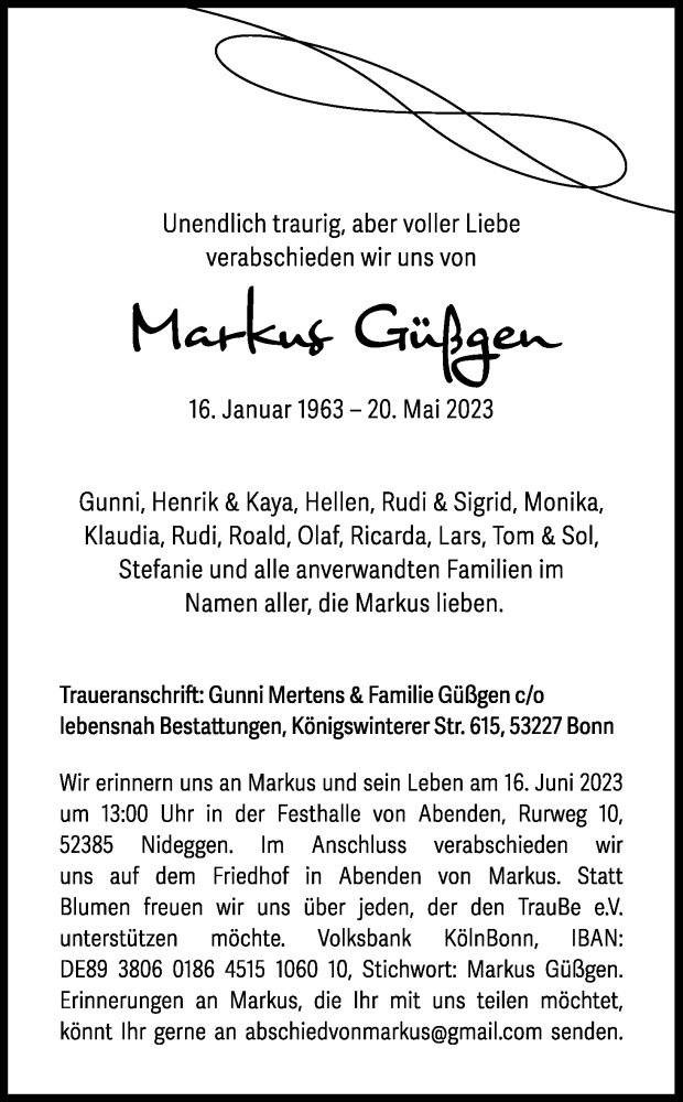  Traueranzeige für Markus Güßgen vom 10.06.2023 aus Kölner Stadt-Anzeiger / Kölnische Rundschau / Express