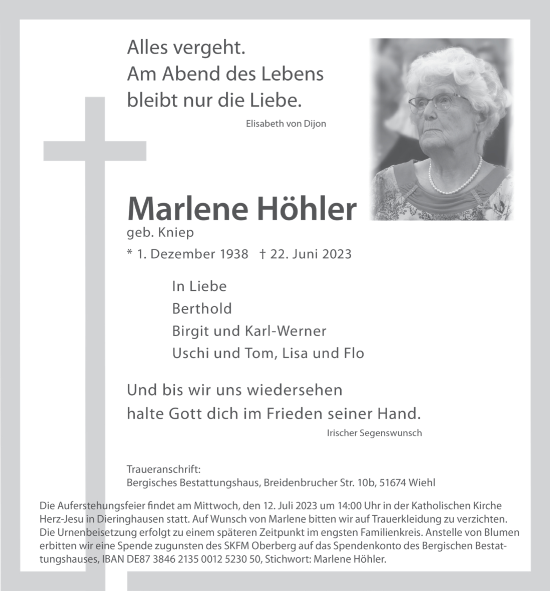 Anzeige von Marlene Höhler von  Anzeigen Echo 