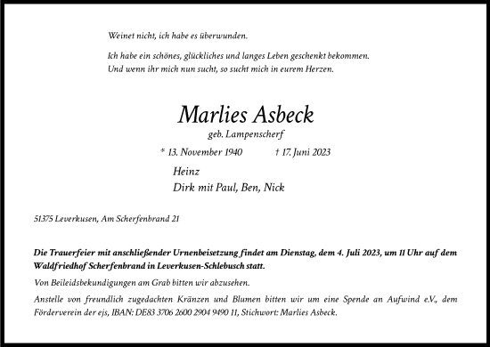 Anzeige von Marlies Asbeck von Kölner Stadt-Anzeiger / Kölnische Rundschau / Express