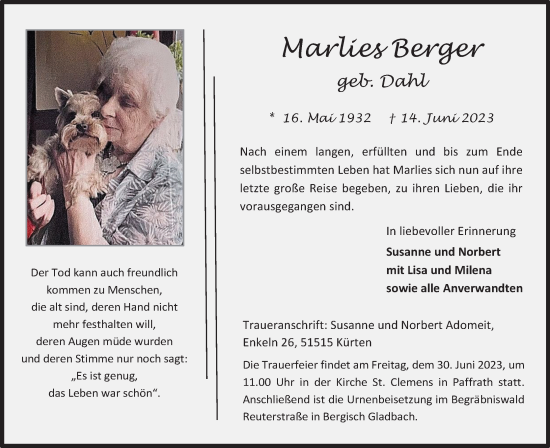 Anzeige von Marlies Berger von Kölner Stadt-Anzeiger / Kölnische Rundschau / Express