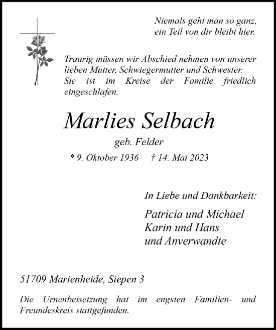 Anzeige von Marlies Selbach von  Anzeigen Echo 